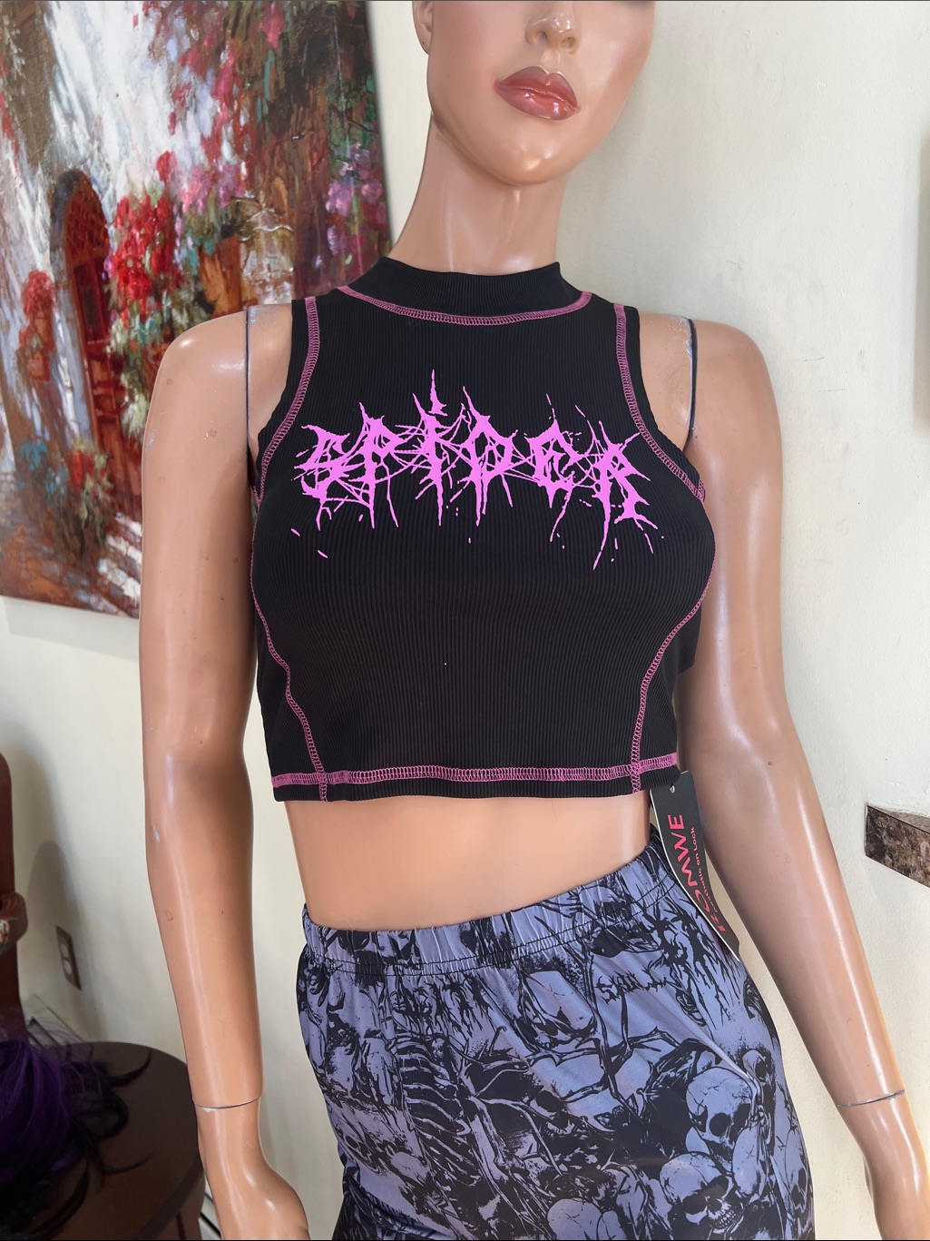 Black Crop Top S Tank With Pink Spider Death Metal On Front Nwt